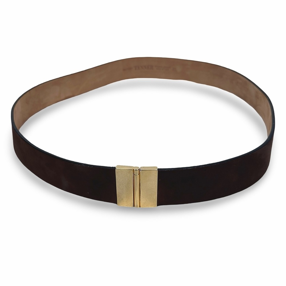 Tanner Mens Dark‎ Brown Suede Leather Belt Gold Interlocking Buckle Italy XL